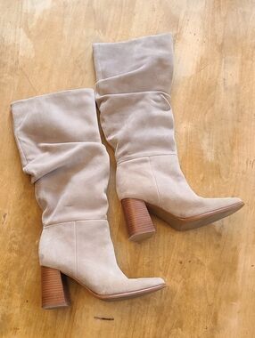 Nine West Suede Gray Domaey Suede Knee-High Stacked Block Heel Boots Size 7.5 M